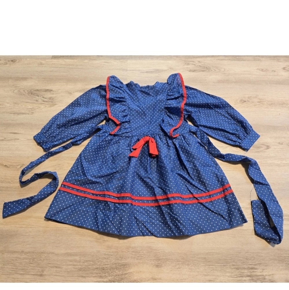 Vintage Jill Lynn 4T Blue Polka Dot Dress Girls Long Sleeves Lace Trim Ruffled